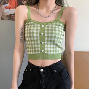 여성 4컬러 로맨틱 니트 체크 크롭 나시 LK-NS04