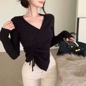 3컬러 옆셔링 랩 브이넥 긴팔 니트 DHH-D53