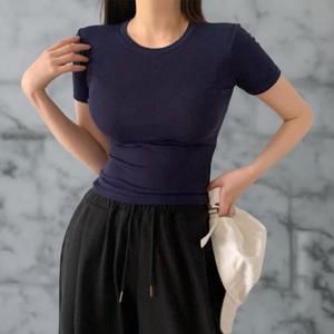 [옷자락]여자 글램 스판 라운드넥 무지 기본반팔 티셔츠