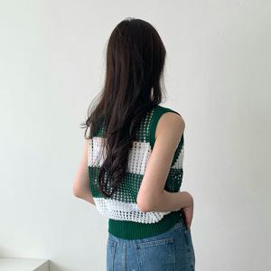 샵앤) 국산 여성 라운드넥 투톤 망사 그물 니트 레이어드 조끼 21DS-WVS-4453-그린