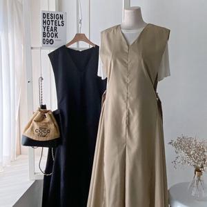 샵앤) 여성 V넥 중앙 절개 뒷지퍼 사이드조절 레이어드 원피스 DGB-WDR-4423-베이지