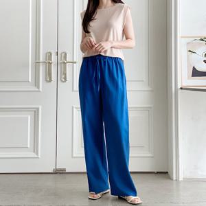 샵앤) 국산 여성 리본 허리밴딩 와이드 통 린넨 팬츠 SML-WPT-4433-연그레이