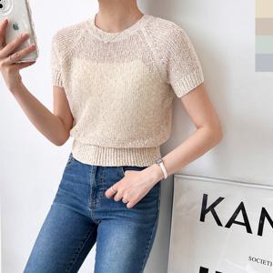 샵앤) 국산 여성 여름 시스루 라운드 반팔 니트 티셔츠 WDM-WKN-2LCBB1045