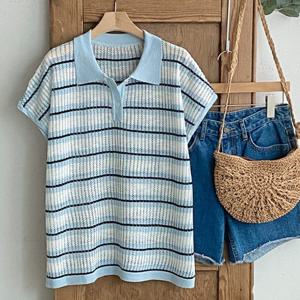 샵앤) 여성 카라넥 단가라 여름 반팔 니트티 BONG-WKN-4500-블루