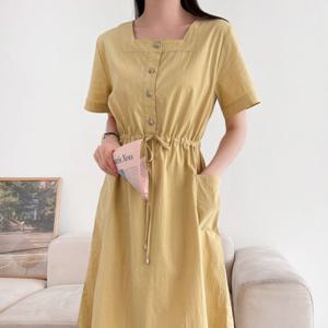 샵앤) 여성 스퀘어넥 허리조절 빅포킷 데일리 반팔 롱원피스 CAT-WDR-4640-소라