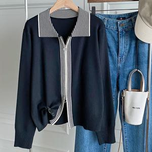 샵앤) 여성 포인트 줄무늬 카라넥 긴팔 집업 가디건 BONG-WCD-4698-블랙