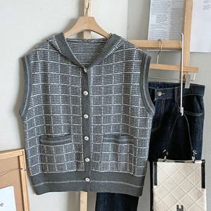 샵앤) 여성 배색 체크 레이어드 후드 니트 조끼 BONG-WVS-4759-그레이