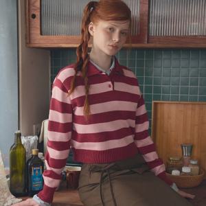 [트위]누오 스트라이프 배색 카라넥 긴팔 니트 TNIBFKT026