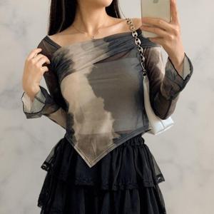 [다잇템][다잇템] 여자 언발숄더 롱슬리브 언발크롭 비침 티셔츠