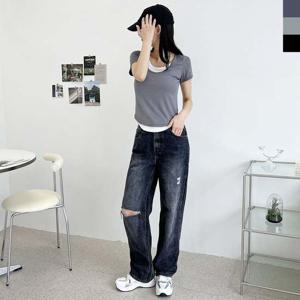 ACC SS1014W 여자 배색 레이어드 스쿱넥 반팔 티셔츠