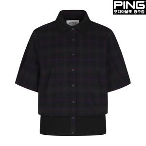 [핑]여성 체크 버튼 카라 반팔 티셔츠 121D3TF152_GN_CJ