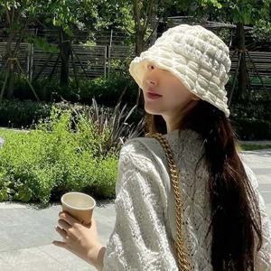 여성 블럭 패턴 버킷햇 벙거지 바캉스 룩 (아이보리)