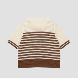 린넨 블렌드 크루넥 스카시 스트라이프 니트 [UFJKCN214N-BROWN]