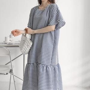 샵앤) 국산 여성 라운드 체크 반팔 롱원피스ARA-WDR-3369-네이비