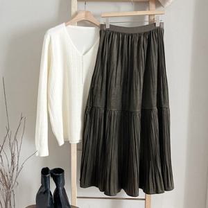 샵앤) 여성 허리밴딩 플리츠 주름 롱 스커트 DGB-WSK-3824-카키