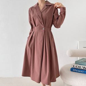 샵앤) A라인 카라 밴딩 단추 롱 원피스 CAT-WDR-12097-인디핑크