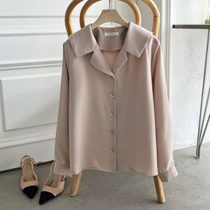 샵앤) 국산 여성 카라V넥 정장 오피스룩 뒷둥근 카라 블라우스N REI-WBL-4133-베이지