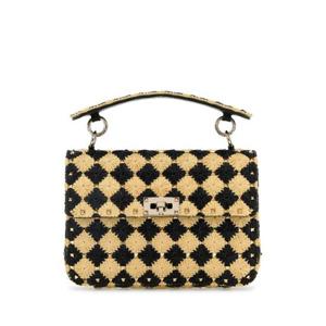 발렌티노 가라바니 여성 베이지 Rockstud 미디움 라피아 숄더백 6W2B0122QUN EX9