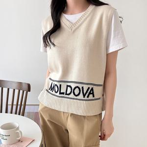 샵앤) 여성 V넥 옆트임 영문 레터링 레이어드 니트 조끼 21DS-WVS-4241-네이비