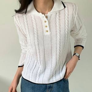 샵앤) 국산 여성 카라넥 반오픈 단추 꽈배기 니트 티셔츠 21DS-WKN-4297-베이지