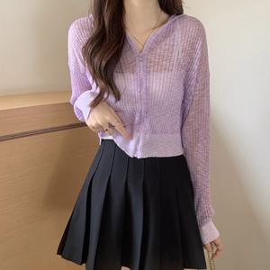 샵앤) 여성 레이어드 크롭 시스루 후드 집업 가디건 CHA-WCD-20364-파스텔퍼플