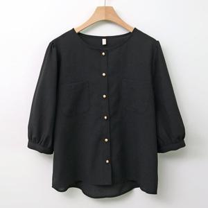 샵앤) 국산 여성 노카라 양포켓 퍼프소매 7부 블라우스 REI-WBL-4357-블랙