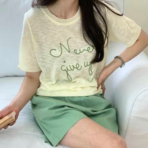 샵앤) 여성 라운드넥 네버 레터링 여름 반팔 니트 티셔츠 21DS-WKN-4451-화이트