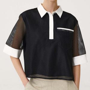 샵앤) 여성 배색 카라넥 매쉬 소매 시스루 반팔 블라우스 CL-WBL0437