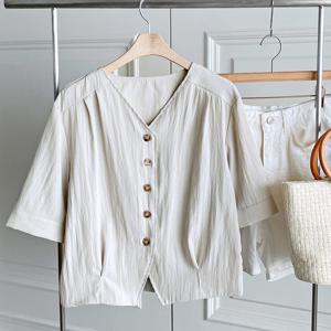 샵앤) 여성 V넥 단추 오픈 심플 데일리 여름 반팔 자켓 BONG-WJK-4520-베이지