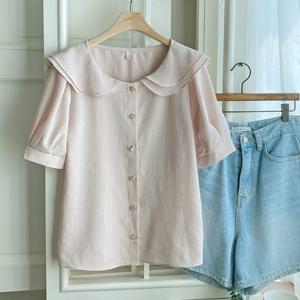 샵앤) 국산 여성 피터팬카라 퍼프 일자핏 반팔 블라우스 REI-WBL-4576-베이지