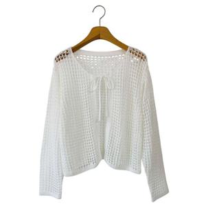 샵앤) 국산 여성 리본 오픈 망사 레이어드 긴팔 니트 가디건 JLE-WCD-4543-아이보리