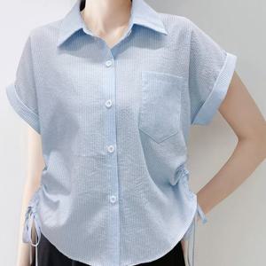 샵앤) 여성 카라 잔스트라이프 옆스트링 반팔 셔츠 블라우스 MSE-WBL-20685-소라