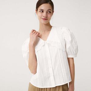 샵앤) 여성 레이스 카라넥 스트라이프 핀턱 퍼프 반팔 블라우스 CL-WBL0431