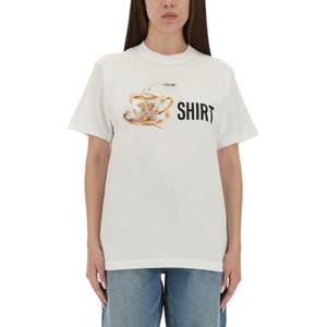 모스키노 화이트 크루넥 로고 프린트 반팔 티셔츠 07225541 100