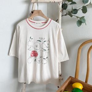 샵앤) 국산 여성 스티치 라운드 사과 스케치 반팔티 FJ-WSH-4650-아이보리