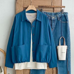 샵앤) 여성 카라넥 단추오픈 빅포켓 빈티지 2컬러 셔츠 블라우스 DGB-WBL-4743-블루