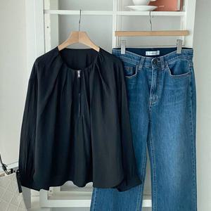 샵앤) 여성 노카라 앞핀턱 반집업 루즈핏 블라우스 셔츠 DGB-WBL-4764-블랙