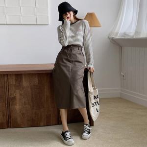샵앤) 국산 여성 앞트임 데일리 H라인 코튼 미디 스커트 STJ-WSK-4868-카키
