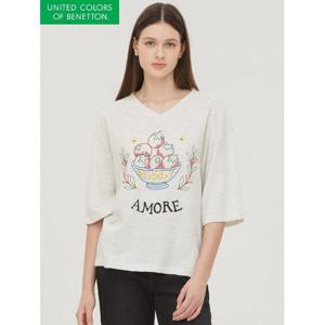 [베네통]브이넥 자수 쮸리 티셔츠_BATS11441