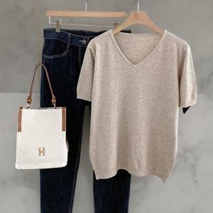 [다잇템][다잇템] 여성 비스코스 반소매 원컬러 일상용 V넥 니트