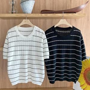 [다잇템][다잇템] 여성 펀칭 캐쥬얼 단가라 반소매 비스코스 니