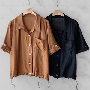 [다잇템][다잇템] 여자 주머니 비스코스 반소매 드로우코드 셔츠