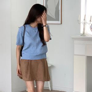 샵앤) 국산 여성 라운드 꽈배기 반팔 니트티 21DS-WKN-4883-차콜