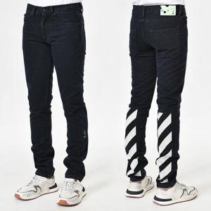 오프화이트 OMYA085 백 사선 에코 슬림진 다크블루