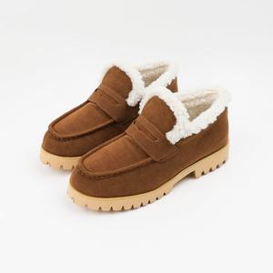 [신난다슈]여성 털 로퍼 단화 3cm 여자 방한 모카신 숏 부츠 퍼안감 스웨이드ST251849카멜