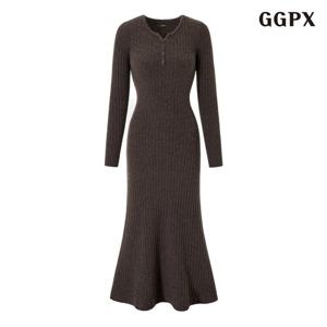 [GGPX]반버튼 골지 플레어 니트 롱 원피스 (GPDOW013D)