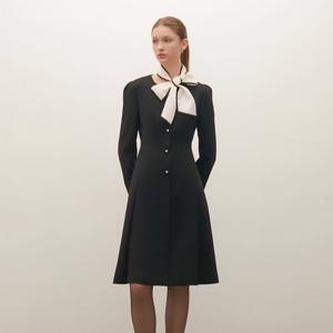 [샤틴]배색 타이 A라인 원피스/S254B604