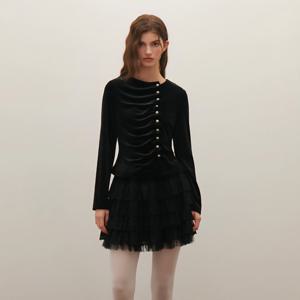 [샤틴]진주단추 벨벳 블라우스/S254M255