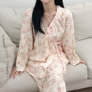 김양리빙 / 여성 순면 가을 긴팔 잠옷세트 플라워 랩 유카타 파자마 홈웨어