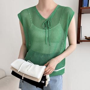 샵앤) 리본 크로셰 국산 여성 니트 조끼 21DS-WVS-3426-화이트